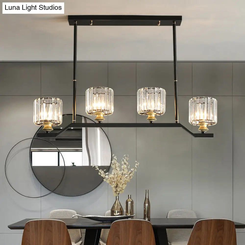 Modern Island Pendant Light With Black Clear Crystal Cylinder - 3/4 Lights For Indoor