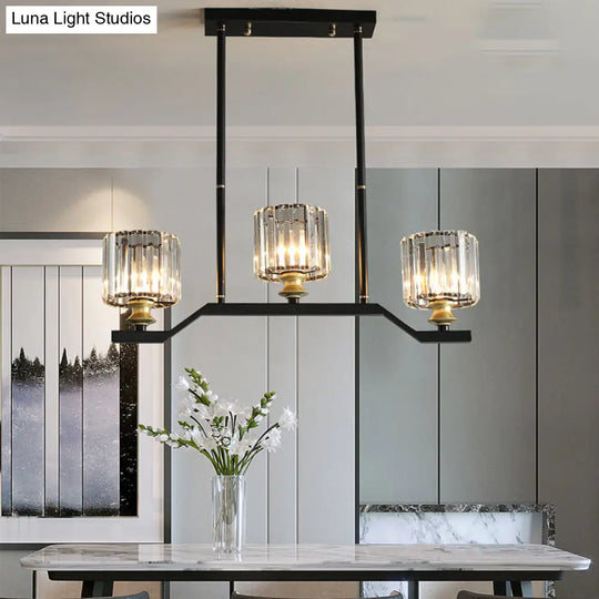 Modern Island Pendant Light With Black Clear Crystal Cylinder - 3/4 Lights For Indoor