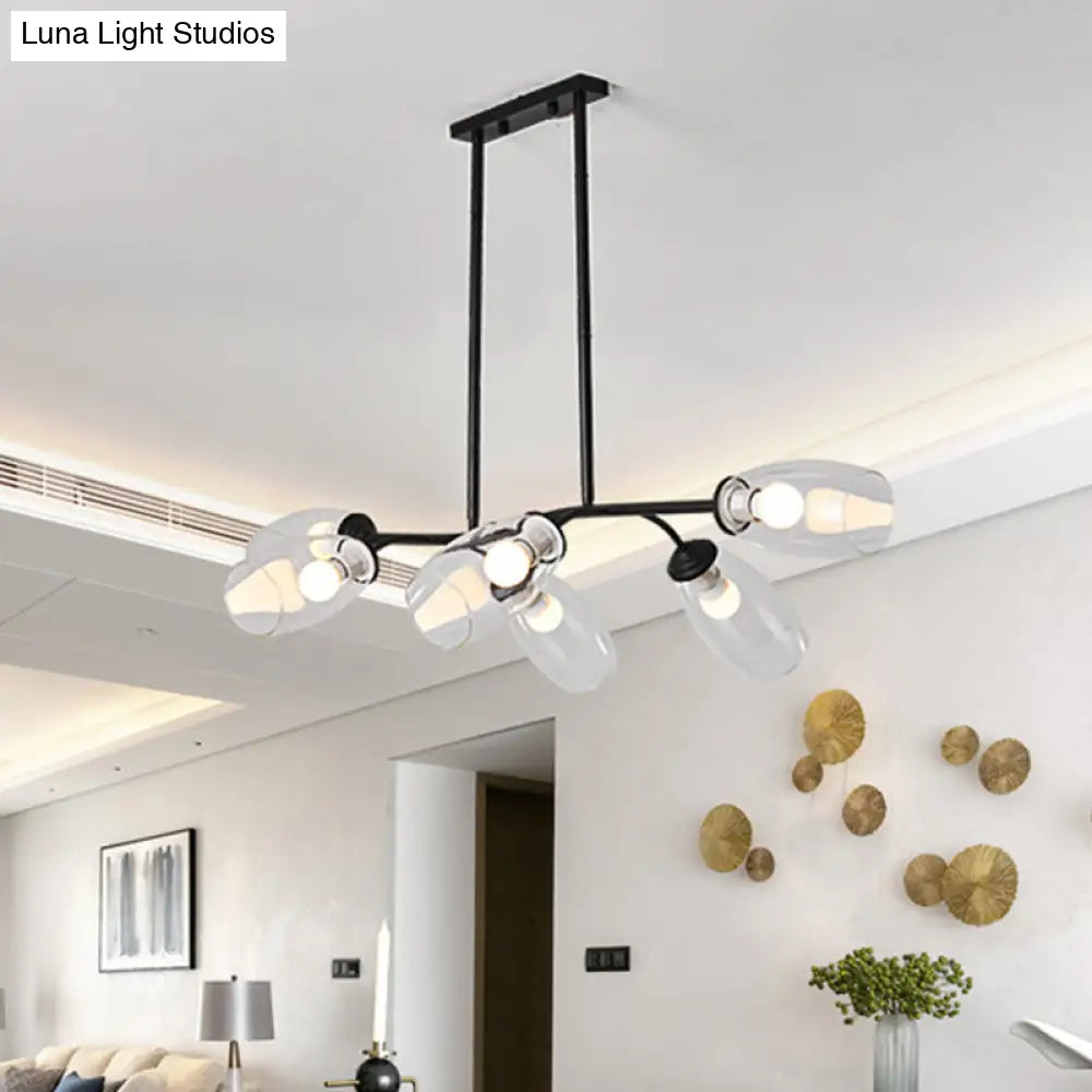 Modern Island Pendant Light With Clear/Amber Glass Shade And Black Branch Design - 6-Bulb Ceiling