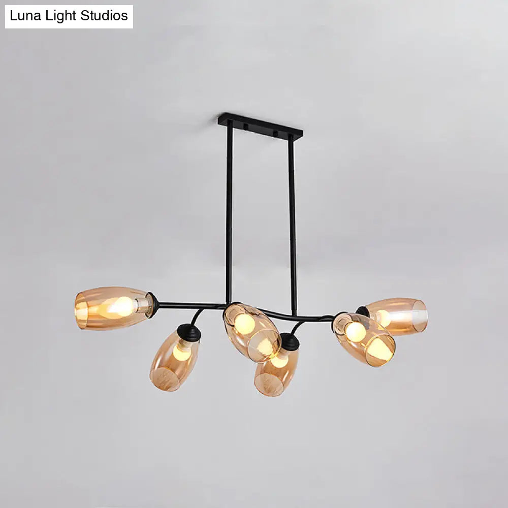 Modern Island Pendant Light With Clear/Amber Glass Shade And Black Branch Design - 6-Bulb Ceiling