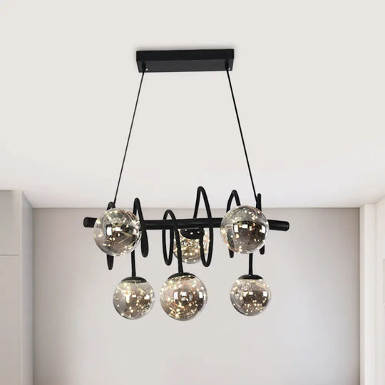 Modern Island Pendant Light With Smoke Gray Orb Glass Shade - Black Metal Led Bulbs Ideal For