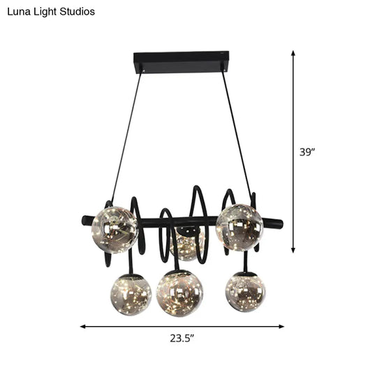 Modern Island Pendant Light With Smoke Gray Orb Glass Shade - Black Metal Led Bulbs Ideal For