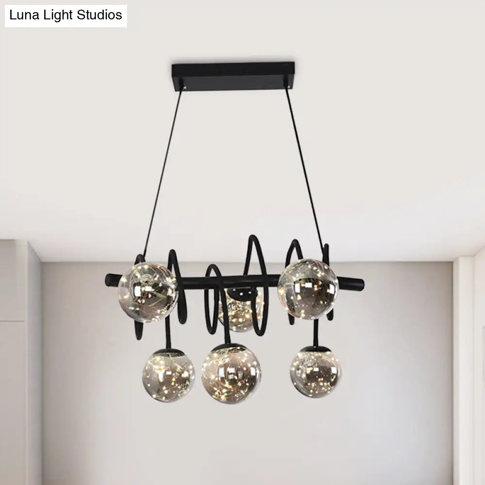 Sleek 6-Bulb Metal Island Pendant Light With Smoke Gray Glass Shade For Modern Dining Rooms