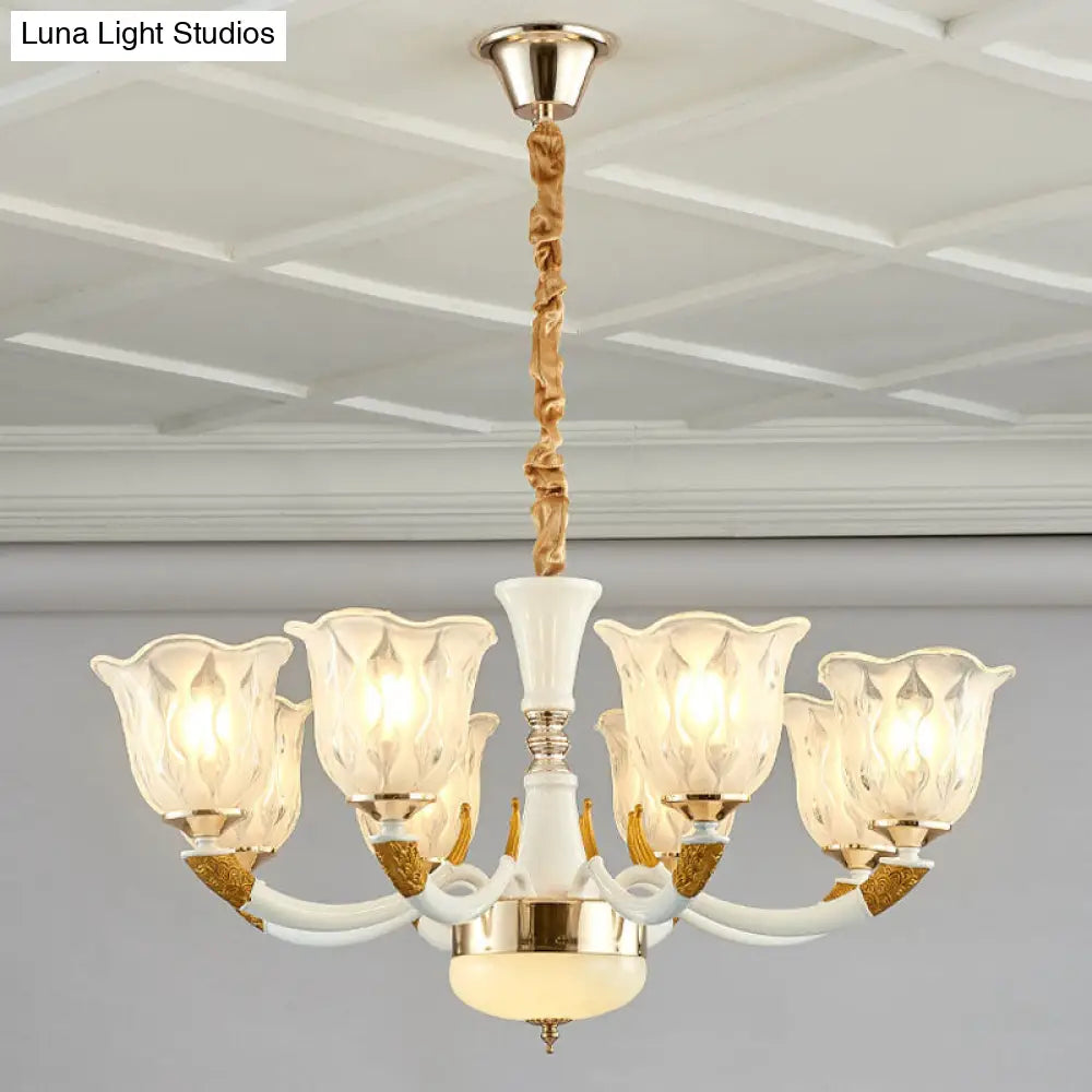 Modern Ivory Blossom Ceiling Light: Clear Textured Glass Chandelier For Living Room