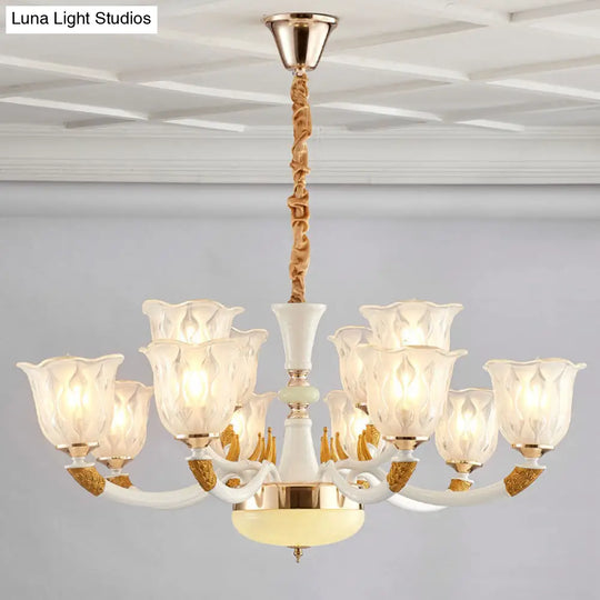 Modern Ivory Blossom Ceiling Light: Clear Textured Glass Chandelier For Living Room