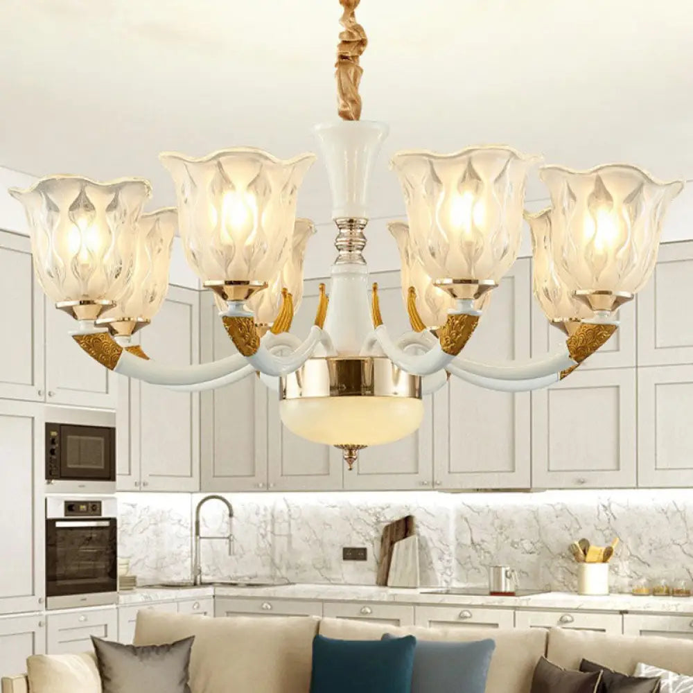 Modern Ivory Blossom Ceiling Light: Clear Textured Glass Chandelier For Living Room 8 /