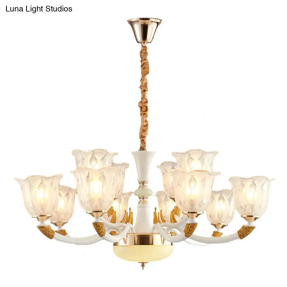 Modern Ivory Blossom Ceiling Light: Clear Textured Glass Chandelier For Living Room