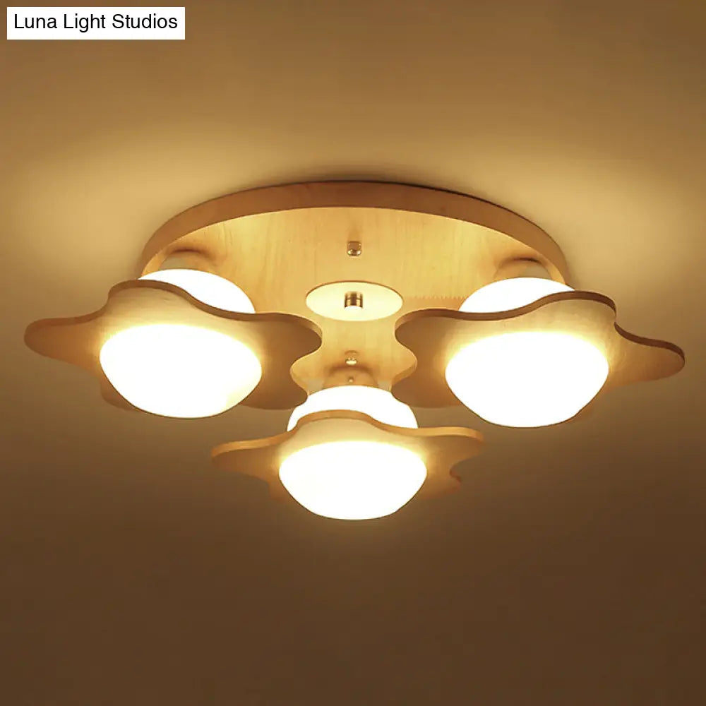 Modern Ivory Glass Flower Ceiling Light With 3 - Head Flush Mount For Bedroom In Wood Finish