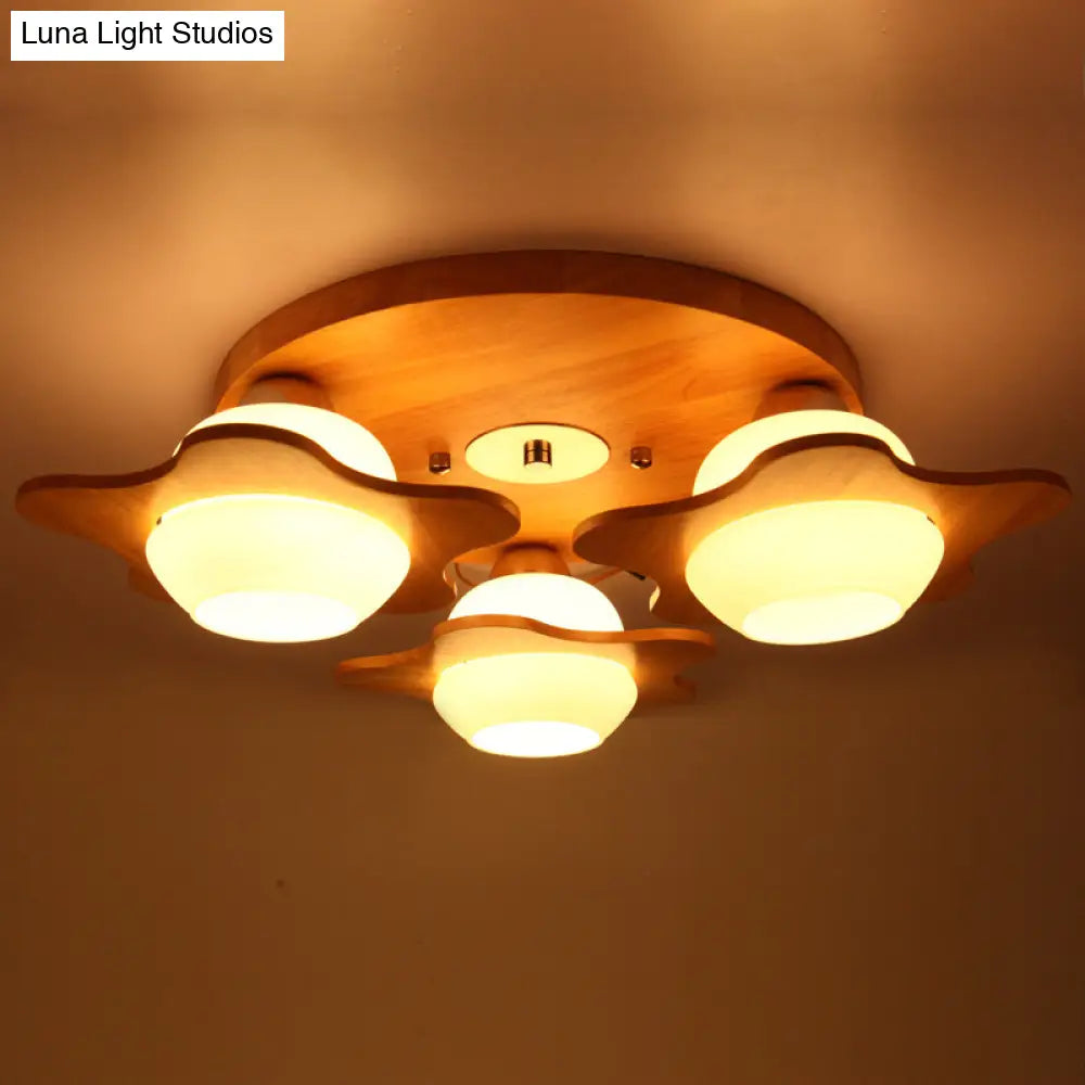 Modern Ivory Glass Flower Ceiling Light With 3 - Head Flush Mount For Bedroom In Wood Finish