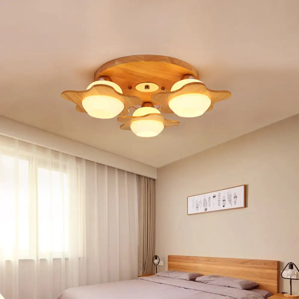 Modern Ivory Glass Flower Ceiling Light With 3 - Head Flush Mount For Bedroom In Wood Finish