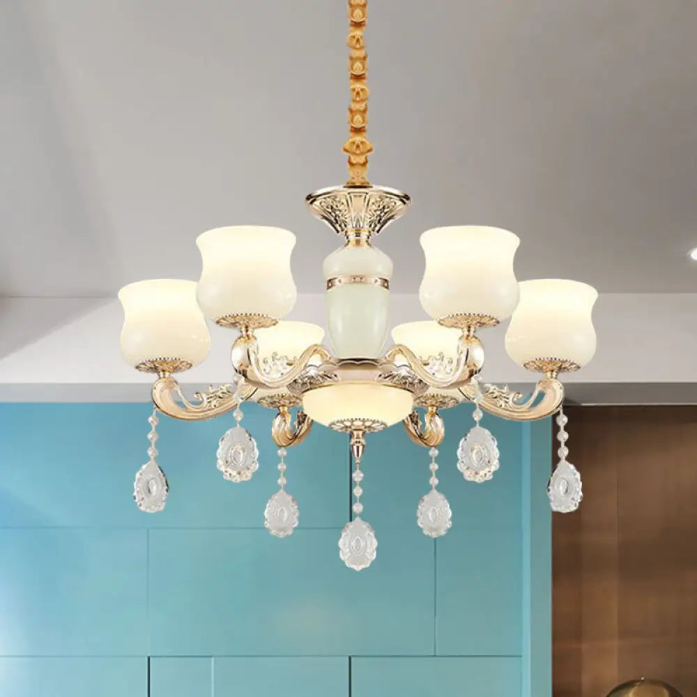 Modern Jade Bud Crystal Chandelier - 6-Light Gold Ceiling Lamp For Bedroom