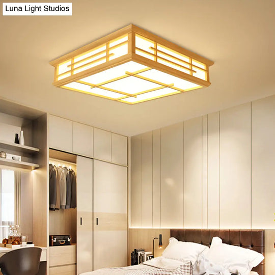 Modern Japanese Geometric Led Flush Ceiling Light With Acrylic Panels - Stylish Wood Mount Lighting