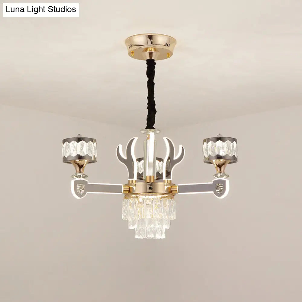 Modern Crystal Antler Drum Pendant Chandelier With 3 K9 Heads - Chrome Ceiling Fixture