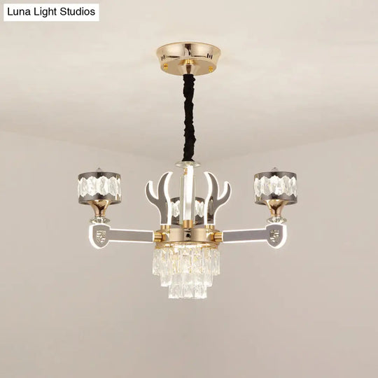 Modern Crystal Antler Drum Pendant Chandelier With 3 K9 Heads - Chrome Ceiling Fixture