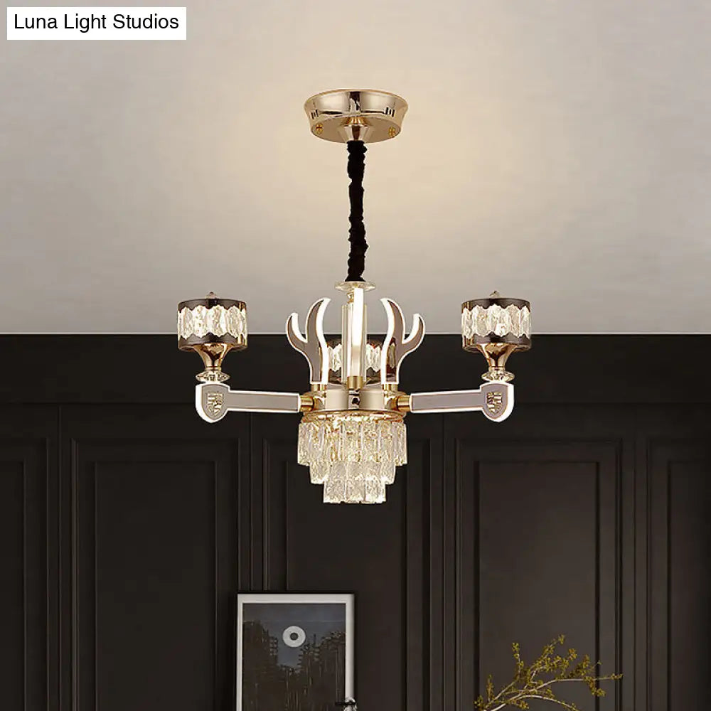 Modern Crystal Antler Drum Pendant Chandelier With 3 K9 Heads - Chrome Ceiling Fixture