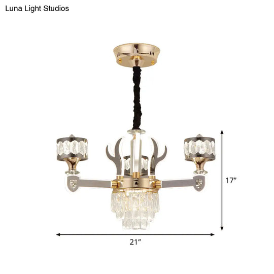 Modern Crystal Antler Drum Pendant Chandelier With 3 K9 Heads - Chrome Ceiling Fixture