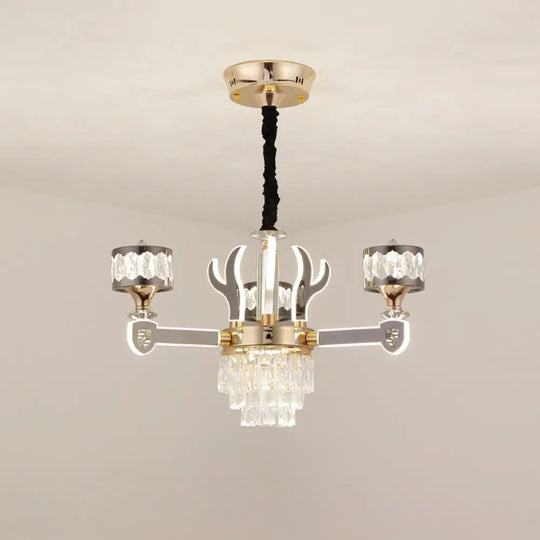 Modern K9 Crystal 3-Head Chrome Drum Pendant Chandelier With Antler Design