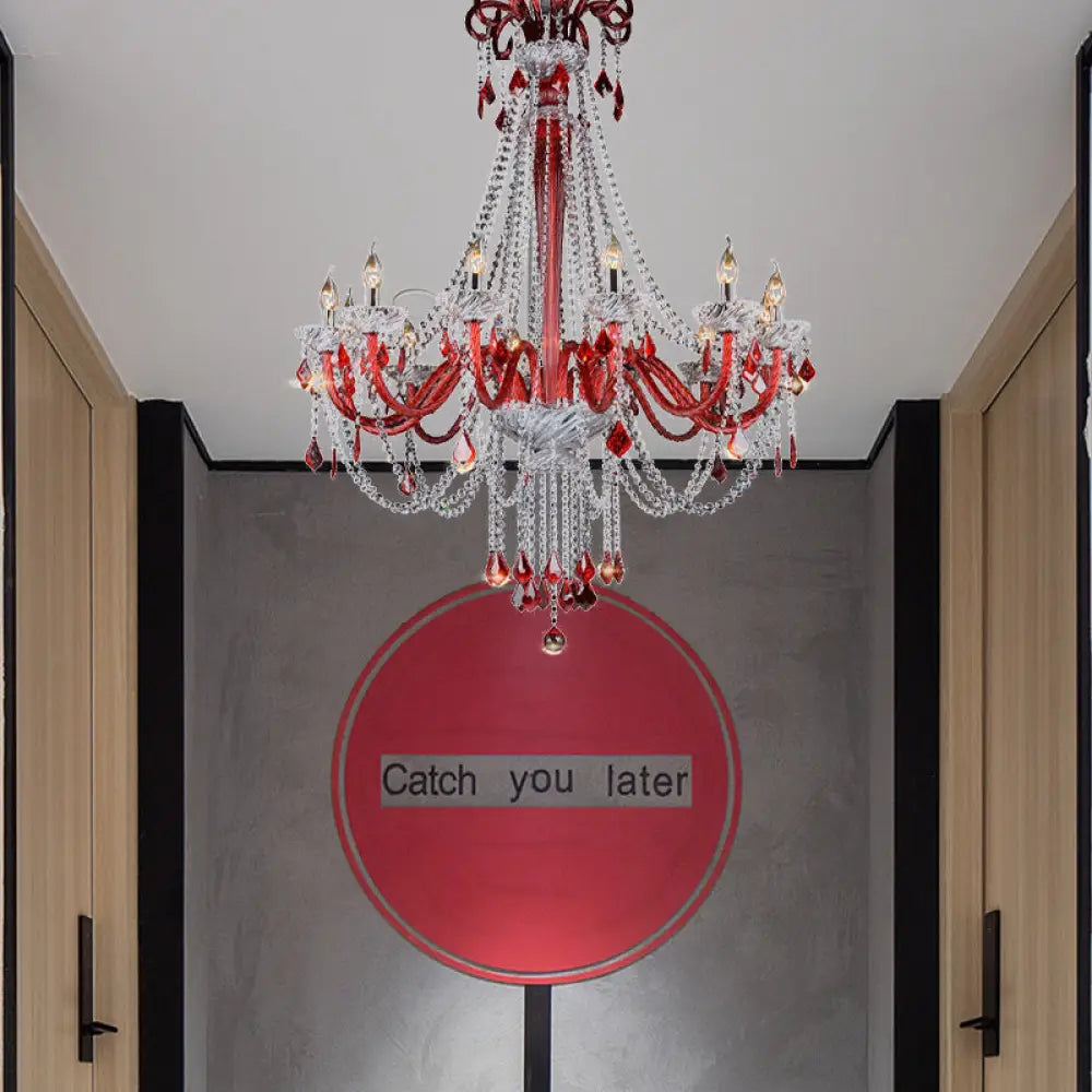 Modern K9 Crystal Candle Chandelier - Red Ceiling Pendant Light With 12 Bulbs For Balcony