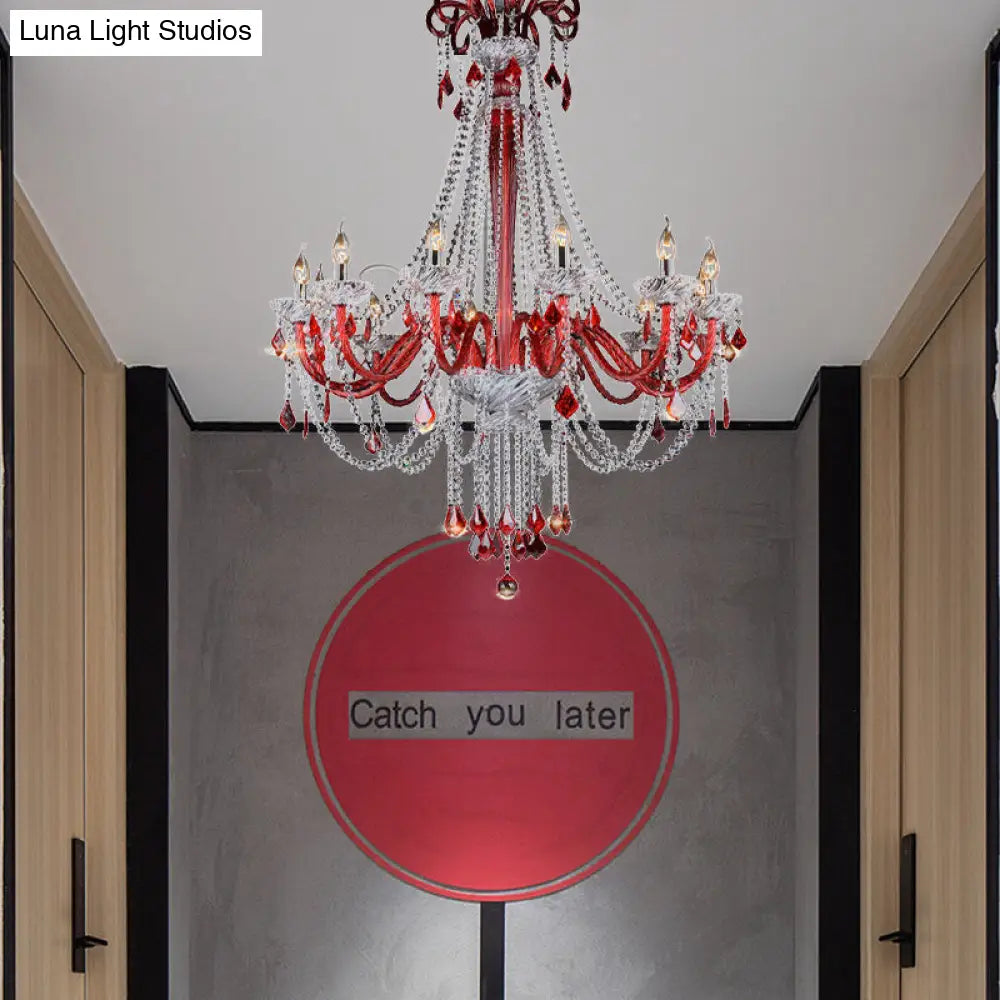 Modern Crystal Candle Chandelier Light Fixture With 12 Red Bulbs - Perfect For Balcony Ceiling