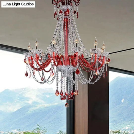 Modern K9 Crystal Candle Chandelier - Red Ceiling Pendant Light With 12 Bulbs For Balcony