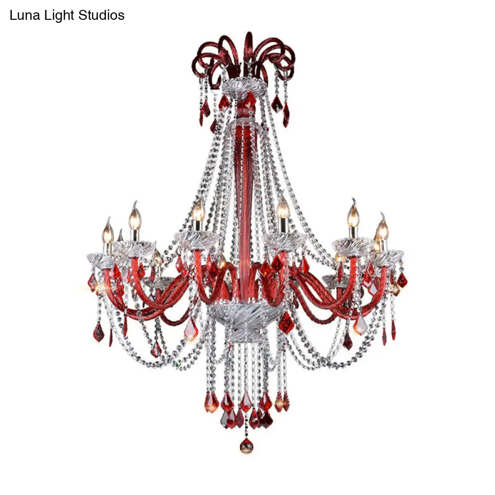 Modern K9 Crystal Candle Chandelier - Red Ceiling Pendant Light With 12 Bulbs For Balcony