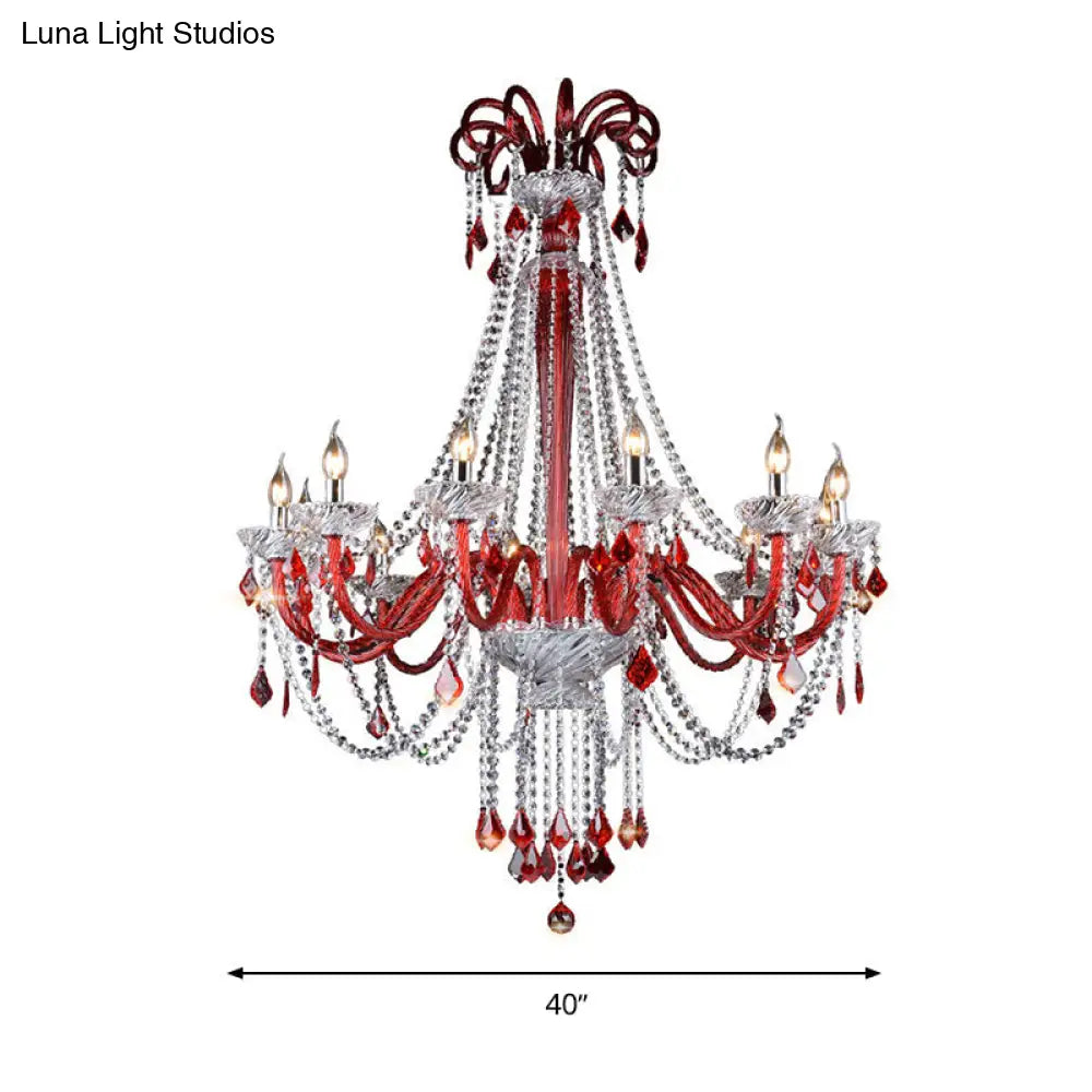 Modern K9 Crystal Candle Chandelier - Red Ceiling Pendant Light With 12 Bulbs For Balcony