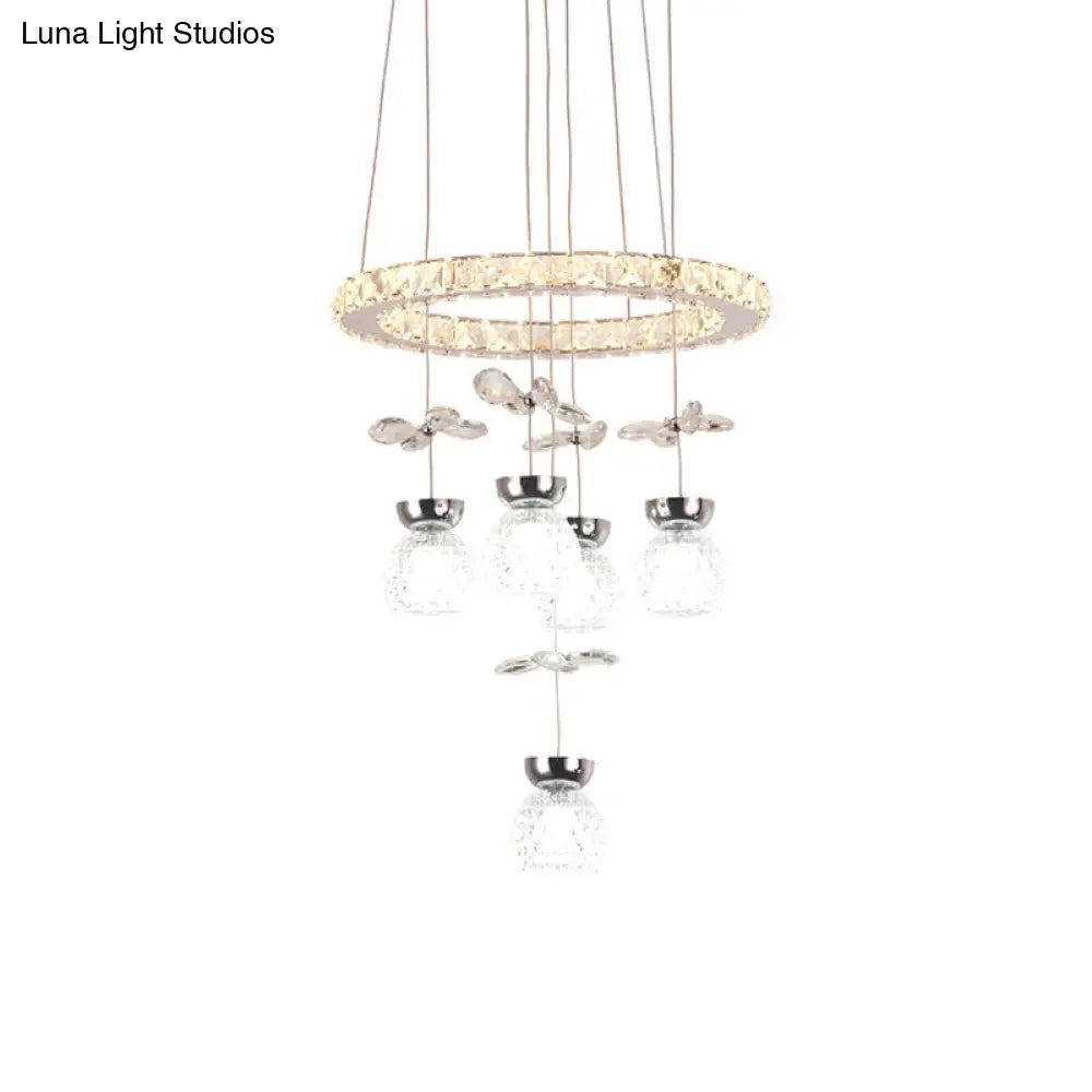 Modern K9 Crystal Chandelier With Hoop Design - Chrome Finish 3/5 Bulb Ceiling Pendant