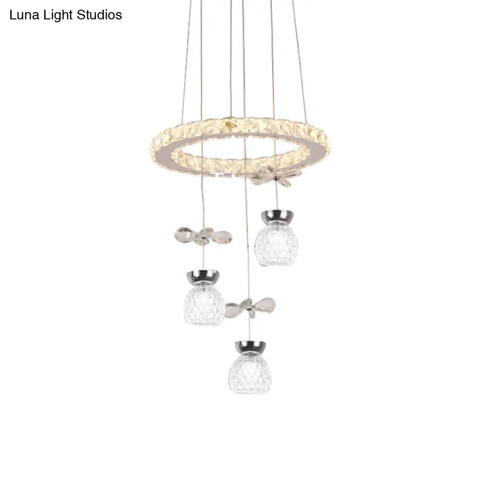 Modern K9 Crystal Chandelier With Hoop Design - Chrome Finish 3/5 Bulb Ceiling Pendant