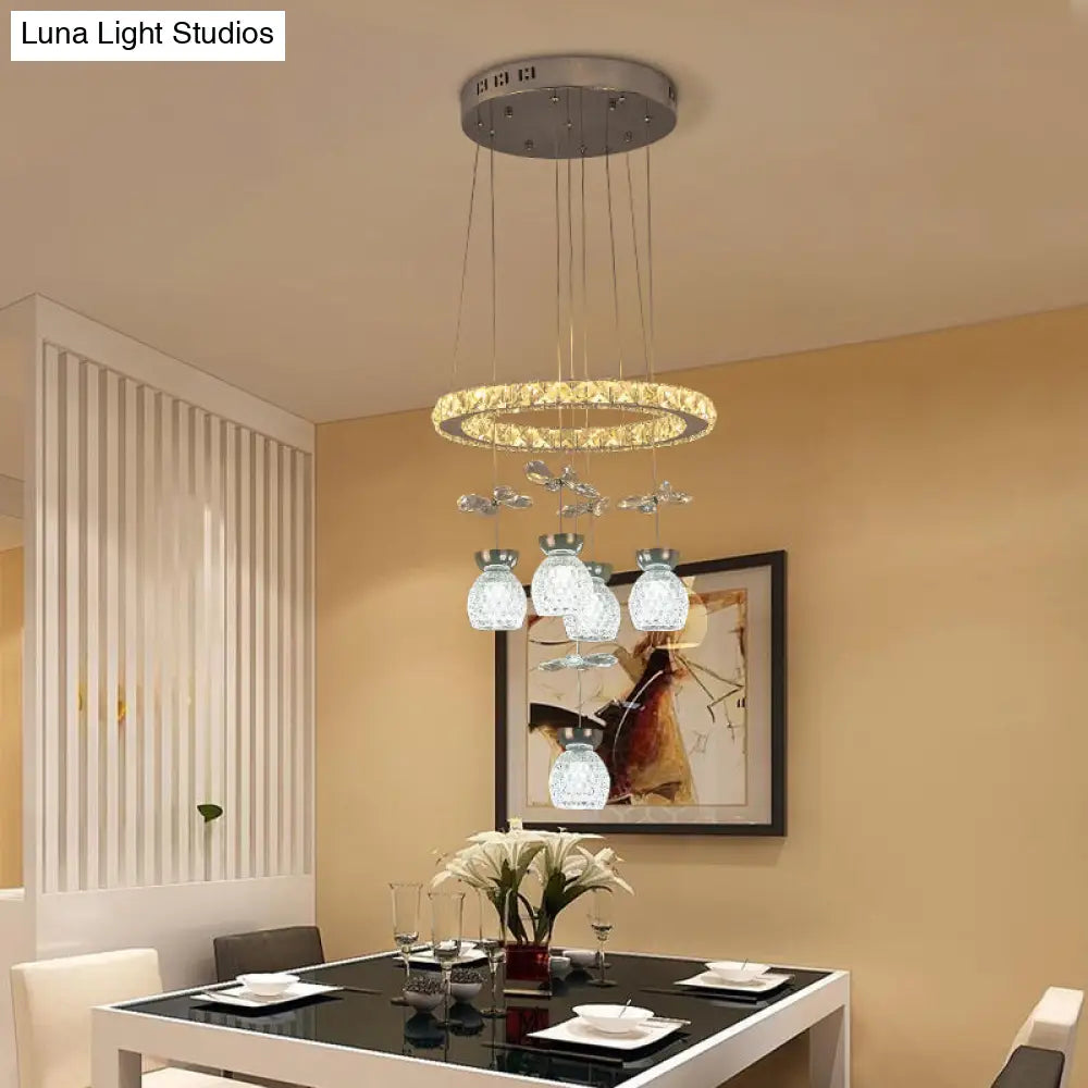 Modern K9 Crystal Chandelier With Hoop Design - Chrome Finish 3/5 Bulb Ceiling Pendant