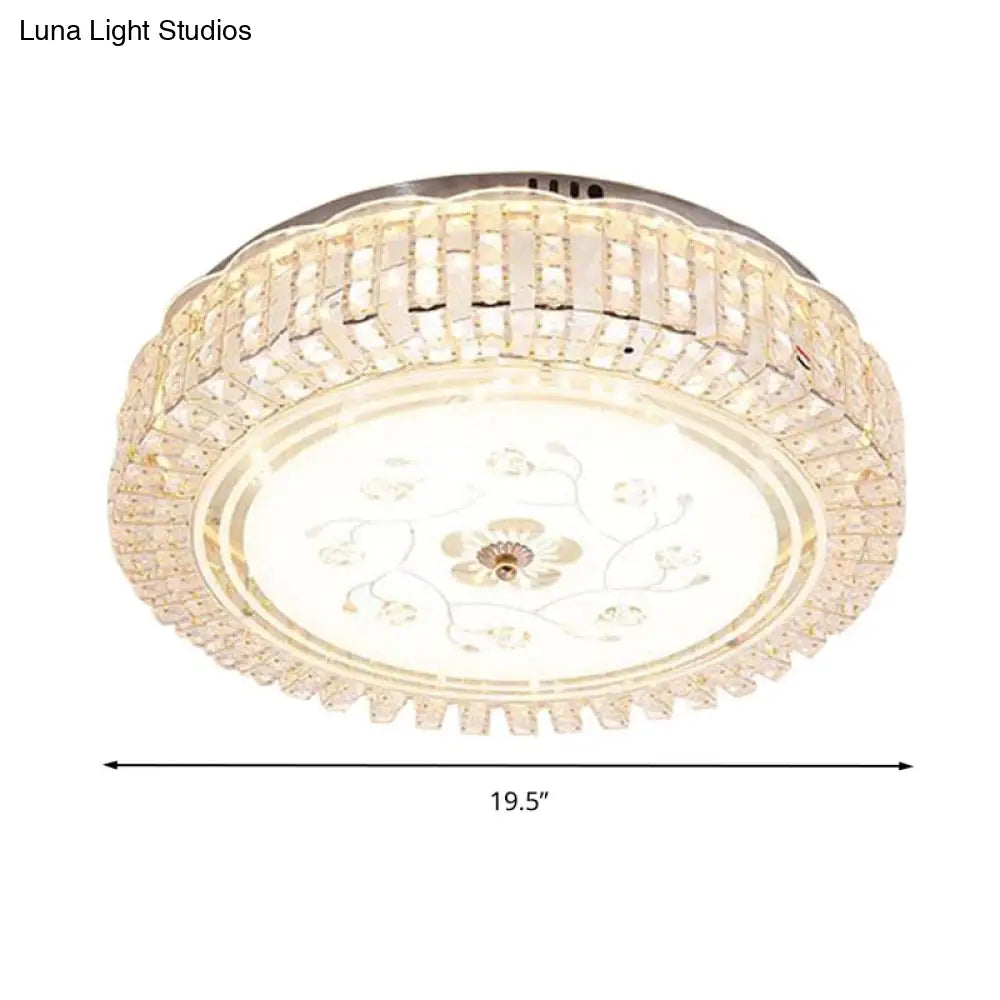 Modern K9 Crystal Flush Mount Led Ceiling Light Fixture White Drum 12’/16’/19.5’ Wide