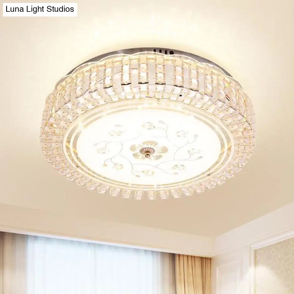Modern K9 Crystal Flush Mount Led Ceiling Light Fixture White Drum 12’/16’/19.5’ Wide