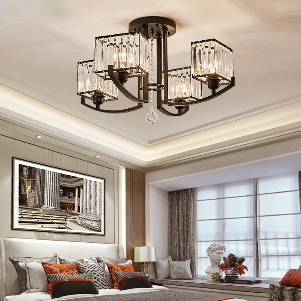 Modern K9 Crystal Semi Flush Mount Ceiling Light: Black Rectangle Fixture For Living Room 4 /