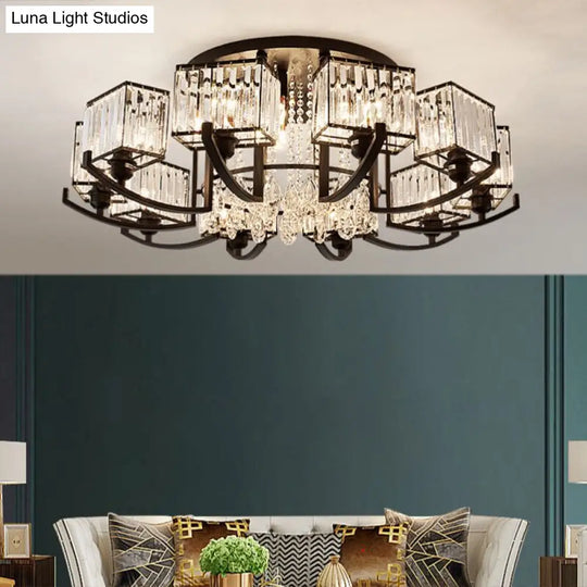 Modern K9 Crystal Semi Flush Mount Ceiling Light: Black Rectangle Fixture For Living Room