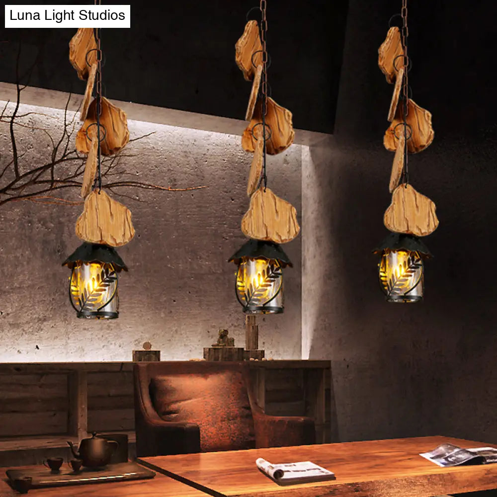 Modern Kerosene Dining Room Pendant Lamp – Factory White Fabric/Clear Glass 1-Light Black Wood