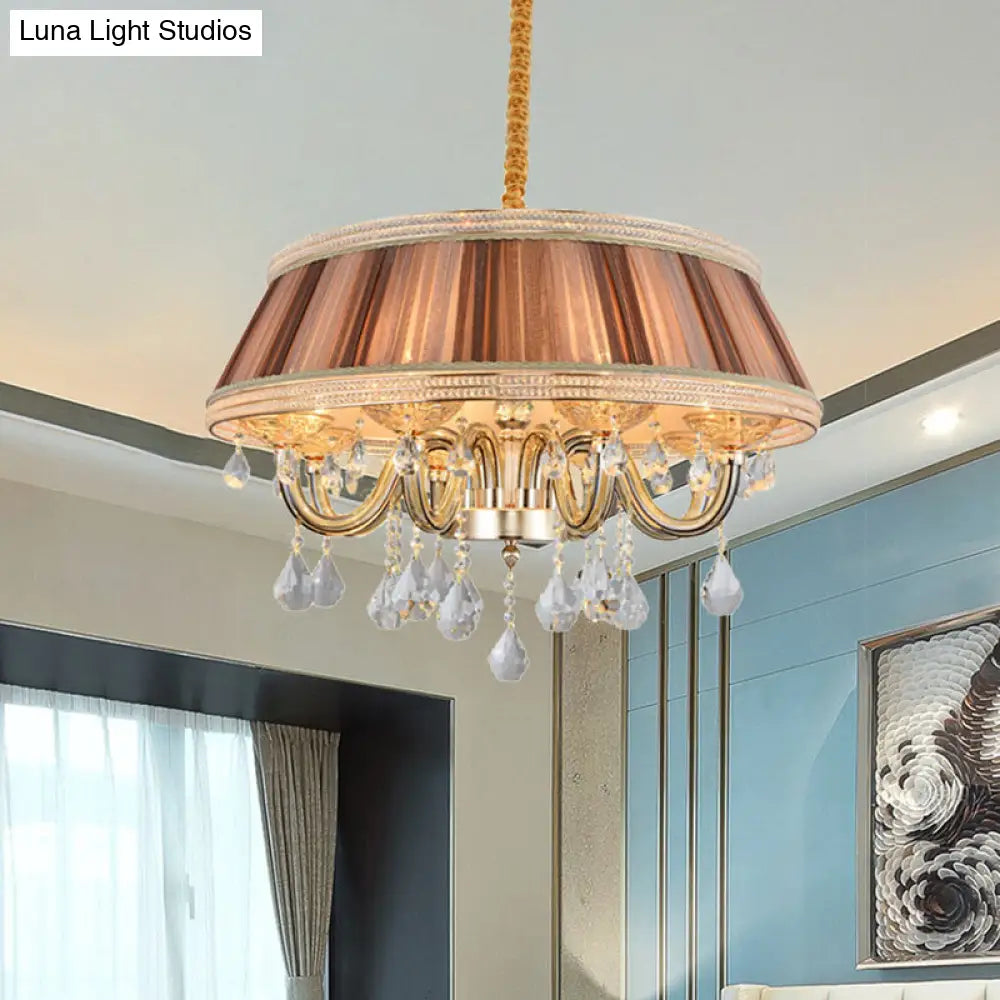 Modern Khaki Drum Chandelier With Crystal Droplets And 8 Pleated Fabric Heads