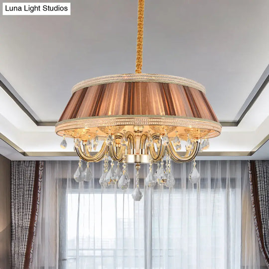 Modern Khaki Drum Chandelier With Crystal Droplets And 8 Pleated Fabric Heads