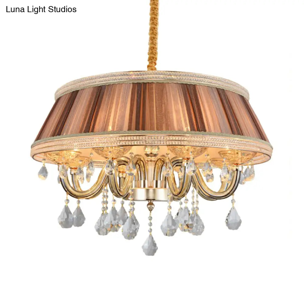 Modern Khaki Drum Chandelier With Crystal Droplets And 8 Pleated Fabric Heads