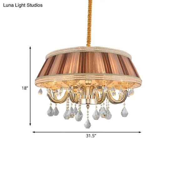 Modern Khaki Drum Ceiling Chandelier With Crystal Droplet - 8 Heads Pleated Fabric Hanging Lighting