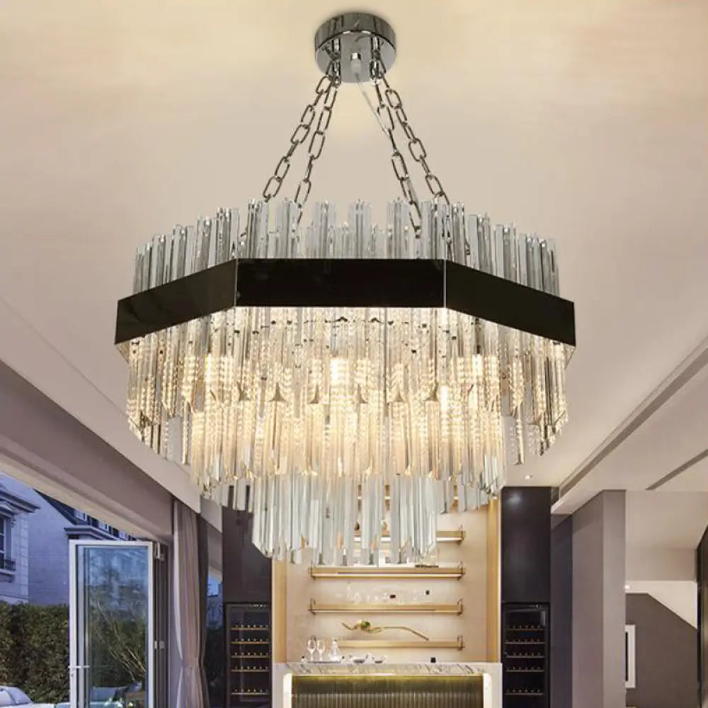 Modern Layered Chandelier Pendant Light With Crystal Bevels - 10 Bulbs In Silver