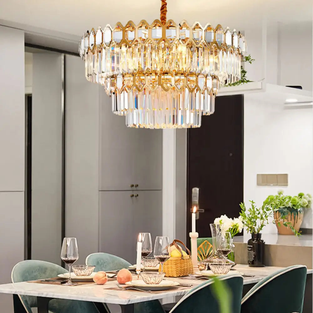 Modern Layered Chandelier With Clear Crystal Prism 8-Light Gold Hanging Fixture