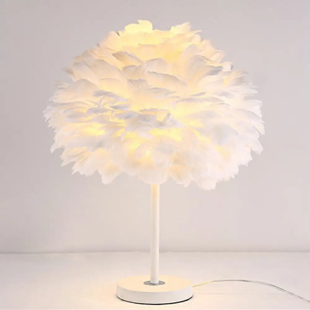 Modern Layered Flower Night Light With Feather Accent - 1-Head Table Lamp For Girls Bedroom White