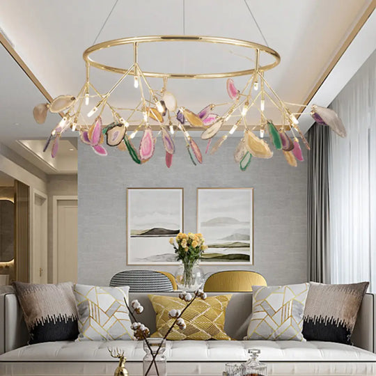 Modern Leaf Agate Pendant Chandelier - Led Gold Hanging Light For Living Room / Small A