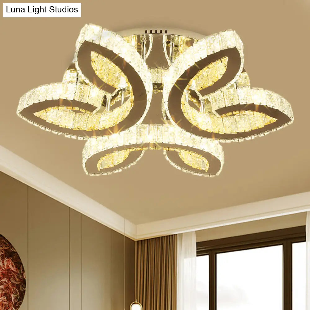 Modern Leaf Bedroom Led Flush Fixture With Clear Crystals And Stainless Steel