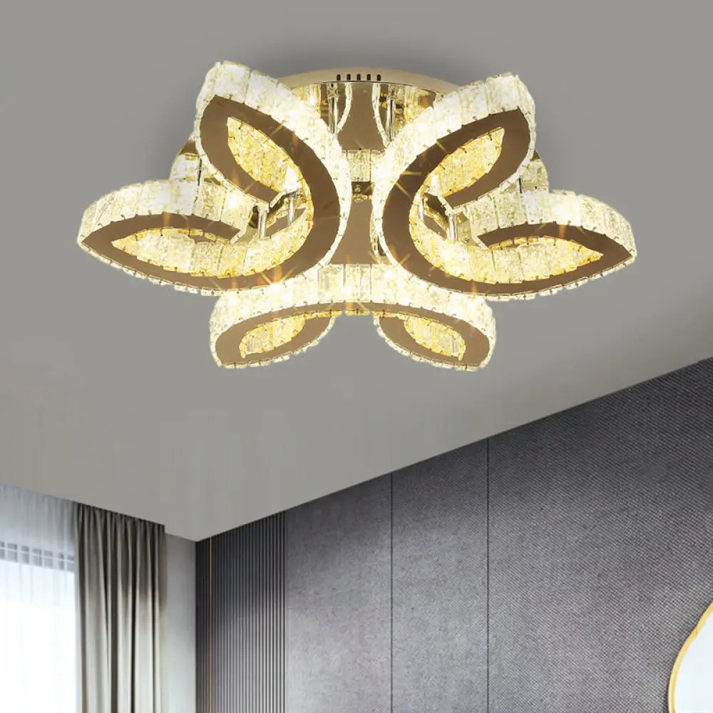Modern Leaf Bedroom Led Flush Fixture With Clear Crystals And Stainless Steel Stainless-Steel