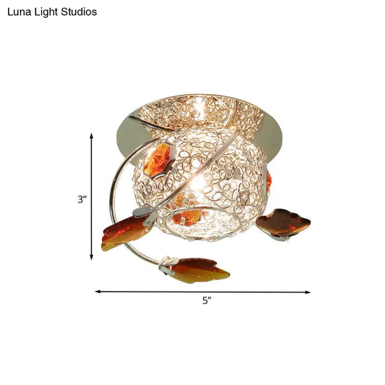Modern Leaf Corridor Flushmount Light With Faceted Tan Crystal And Globe Cage Shade