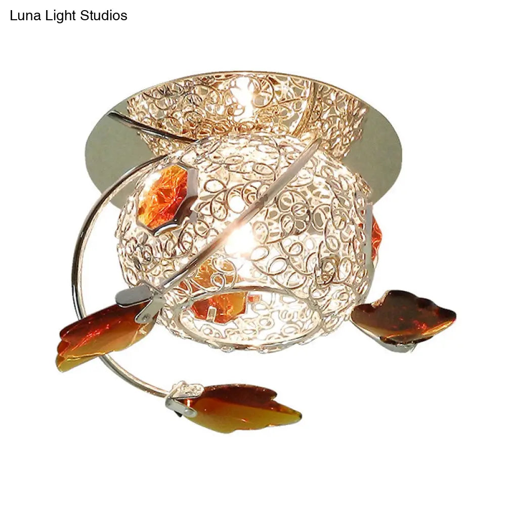 Modern Leaf Corridor Flushmount Light With Faceted Tan Crystal And Globe Cage Shade