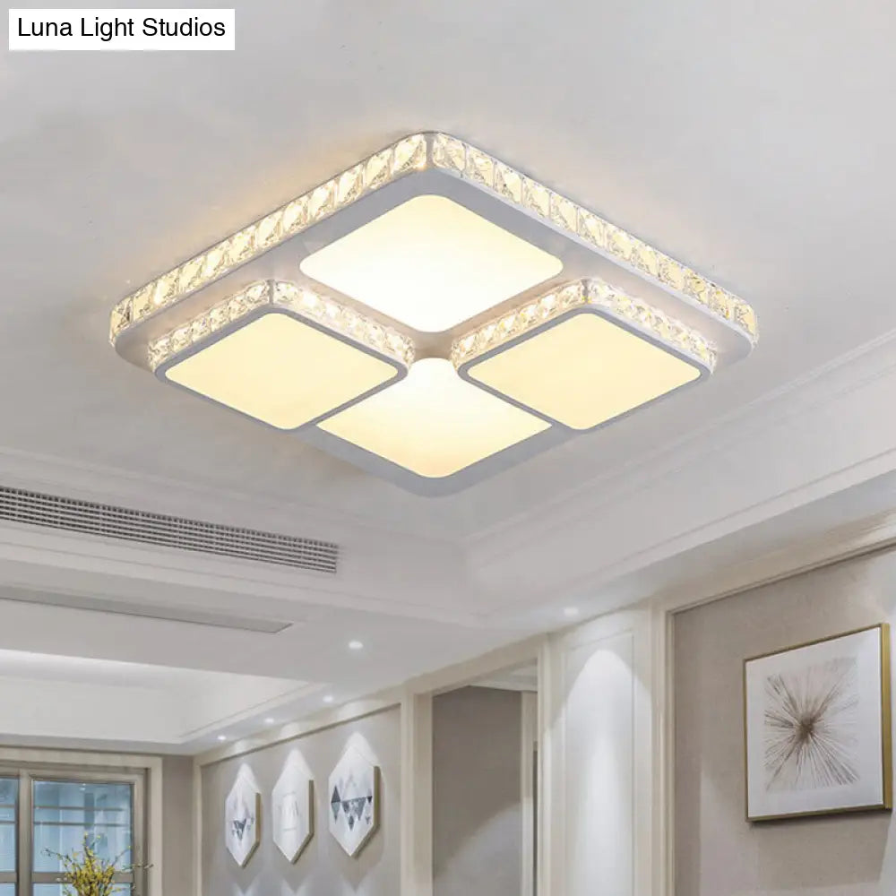 Modern Led Acrylic Ceiling Light: Square Flush Mount Lamp In White With Crystal Accent