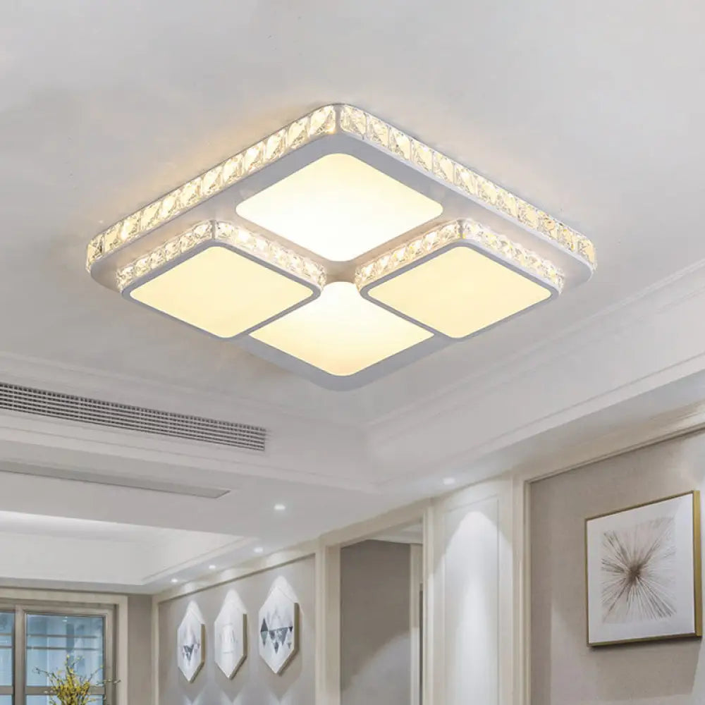 Modern Led Acrylic Ceiling Light: Square Flush Mount Lamp In White With Crystal Accent