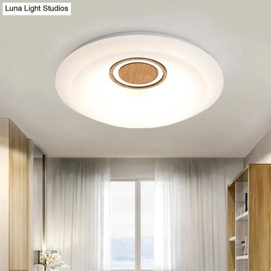 Modern Led Acrylic Flush Lighting Fixture - White Round Ceiling Mount With Warm/White Light & Wood