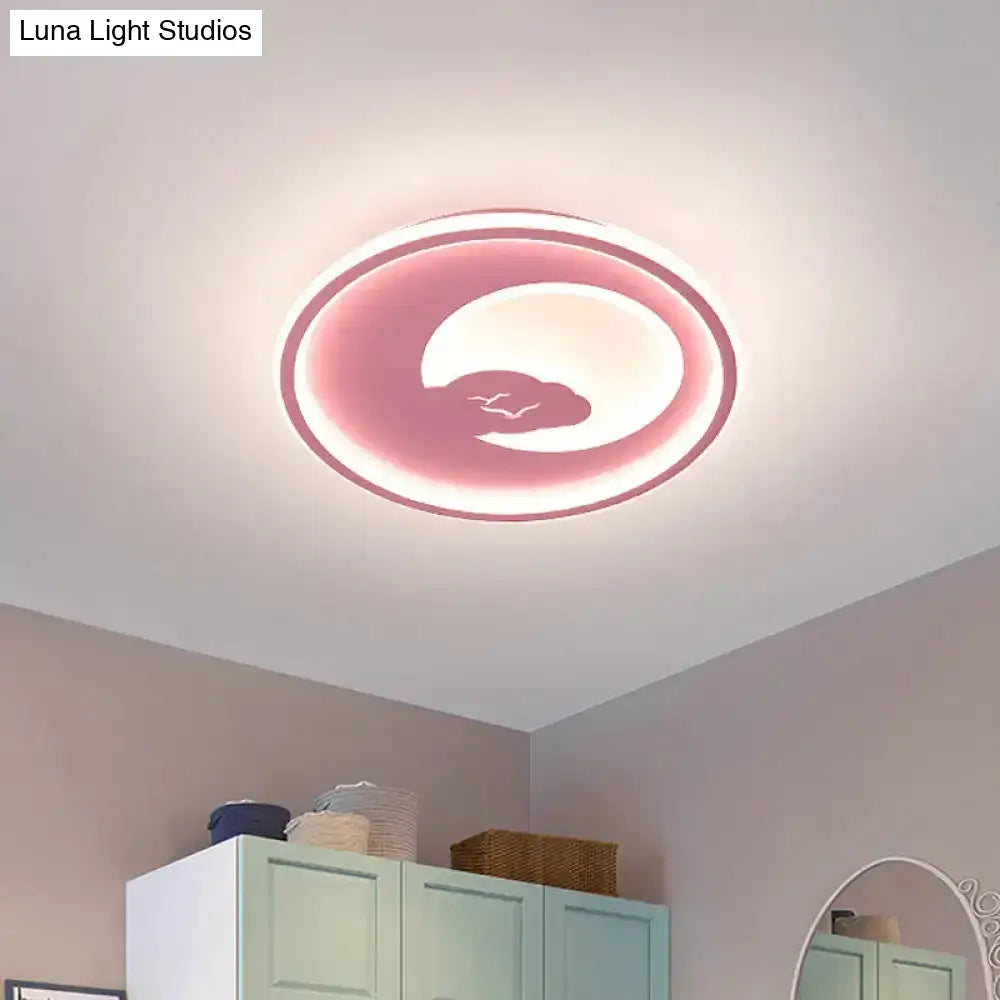 Modern Led Acrylic Flush Mount Light - Pink/White Circle Design 16’/19.5’ Dia Moon And Bird